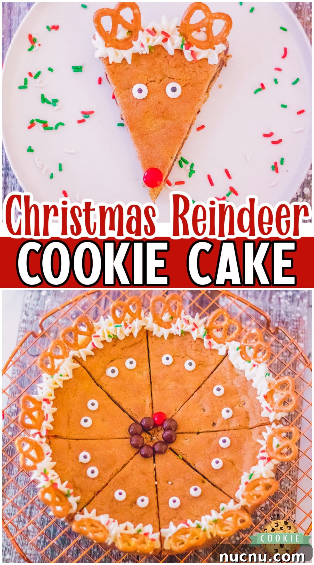 Christmas Reindeer Cookie Cake made with chocolate chip cookie dough & topped with simple candy to look like reindeer! Easy, festive holiday cookie cake that's Rudolph approved! 