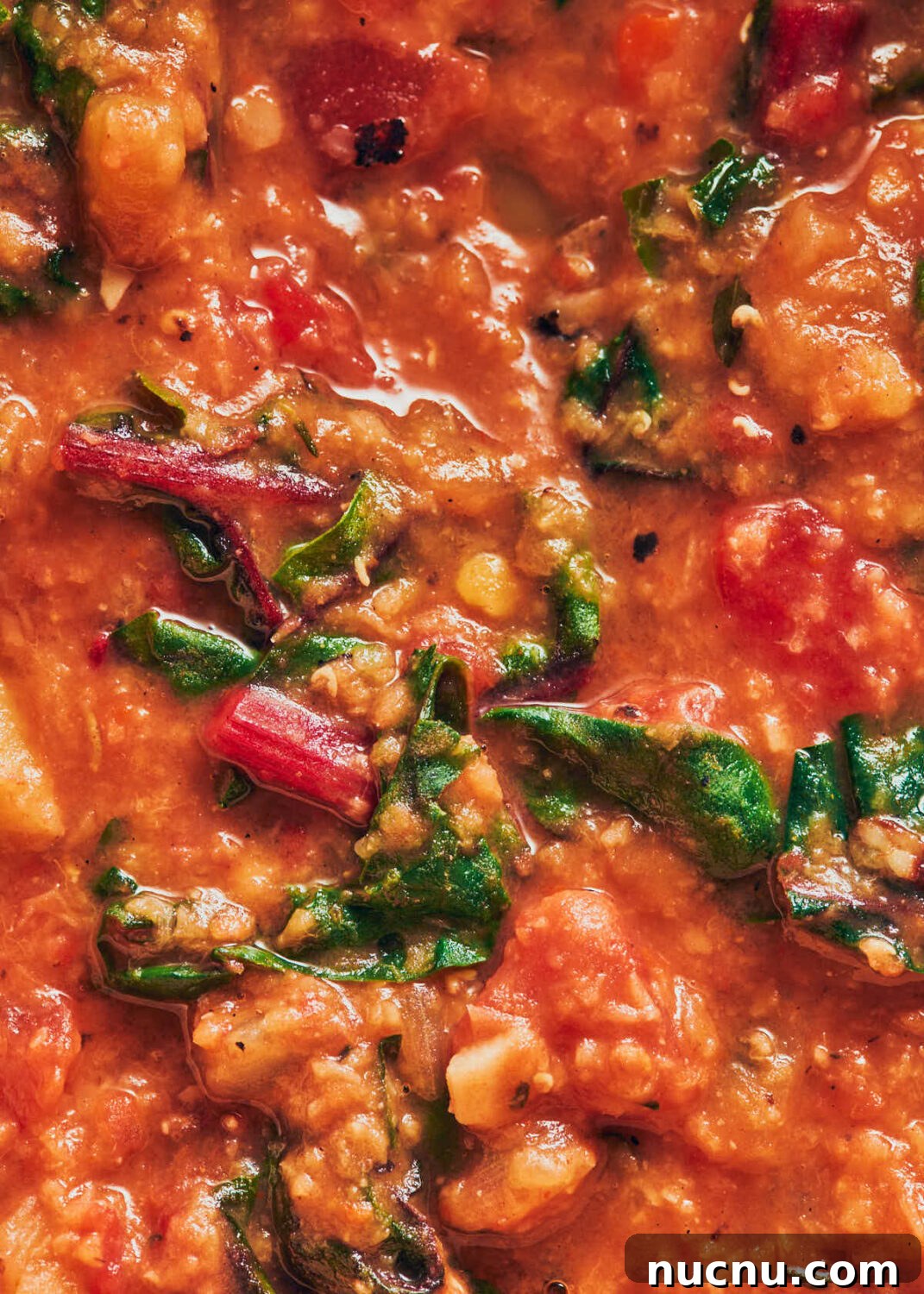 Close up of red lentil soup cooking down in a dutch oven