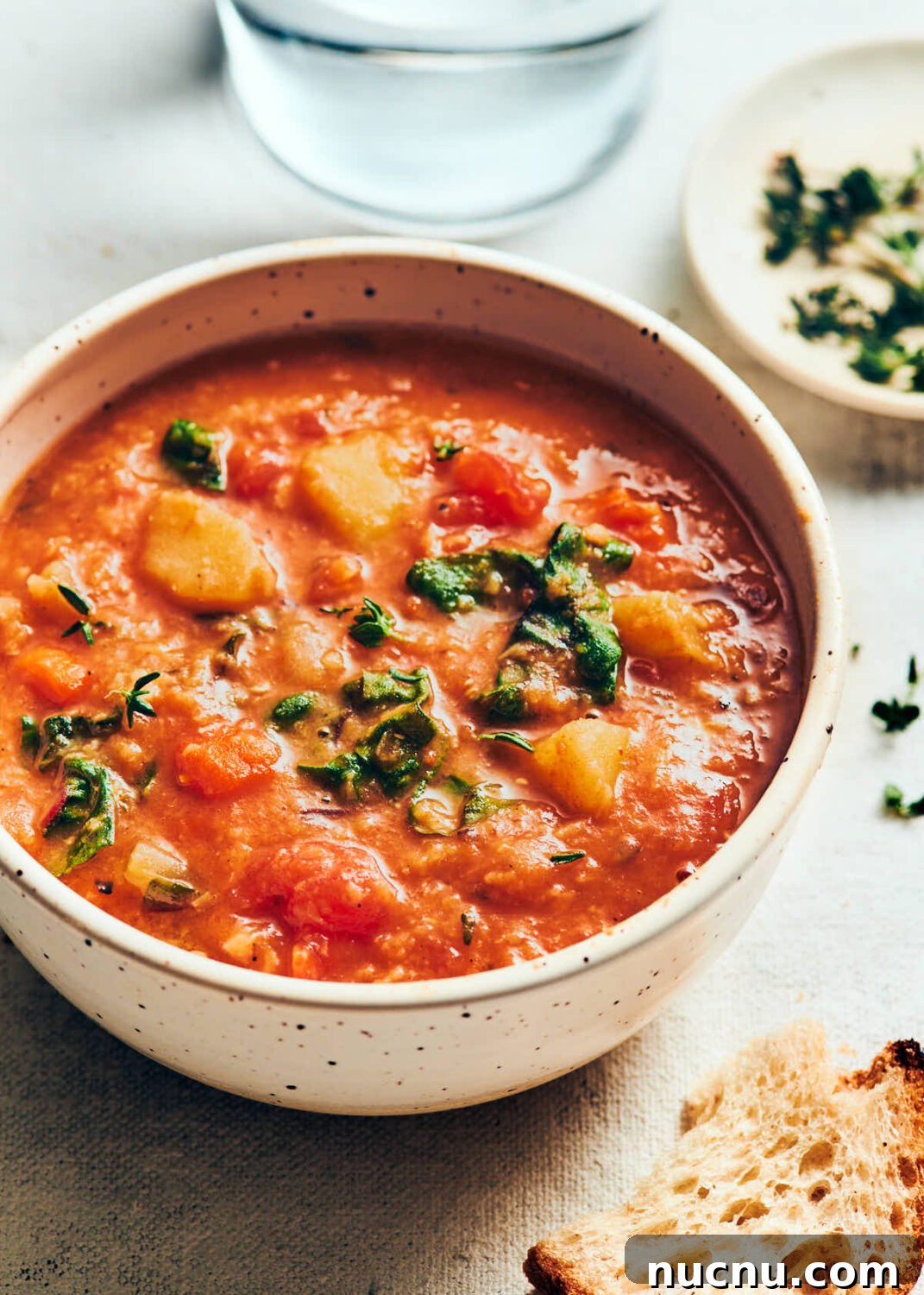 Close up bowl of vegan red lentil soup on a white linen table