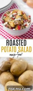 This warm roasted potato salad has a light (mayo-free!) lemon and olive oil dressing, with flavor from roasted red pepper and feta cheese