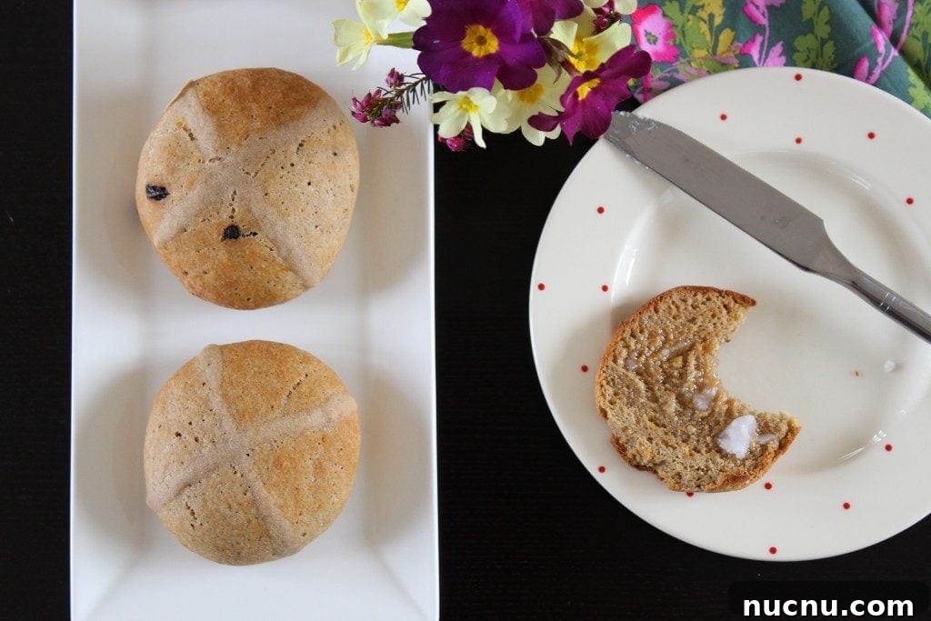 Dairy-Free Hot Cross Buns (Gluten-Free, Refined Sugar-Free) 2 Gluten-free hot cross buns with no fruit. Low sugar. #Easter #glutenfree #refinedsugarfree #hotcrossbun