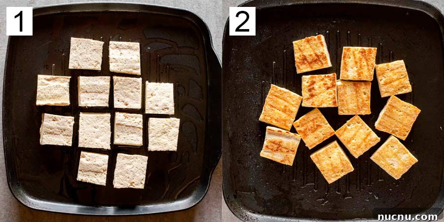 Fiery Peri-Peri Tofu Recipe for Bold, Smoky Flavor 4 tofu on a pan on the left side and golden and fried on the right side