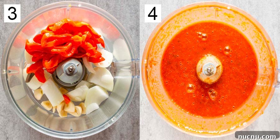 Fiery Peri-Peri Tofu Recipe for Bold, Smoky Flavor 5 split photo with a food processor with chunks of onions and peppers on the left and a smooth red sauce on the right