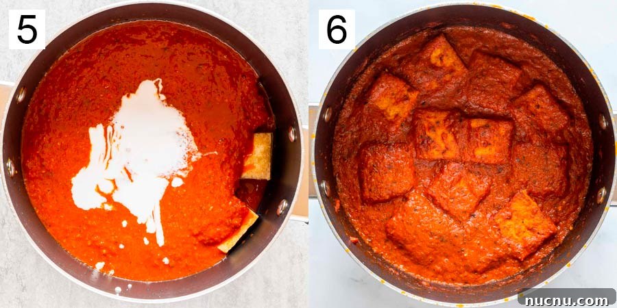 Fiery Peri-Peri Tofu Recipe for Bold, Smoky Flavor 6 numbered split photo with a pot with red sauce on the left and a pot with tofu and thickened sauce on the right
