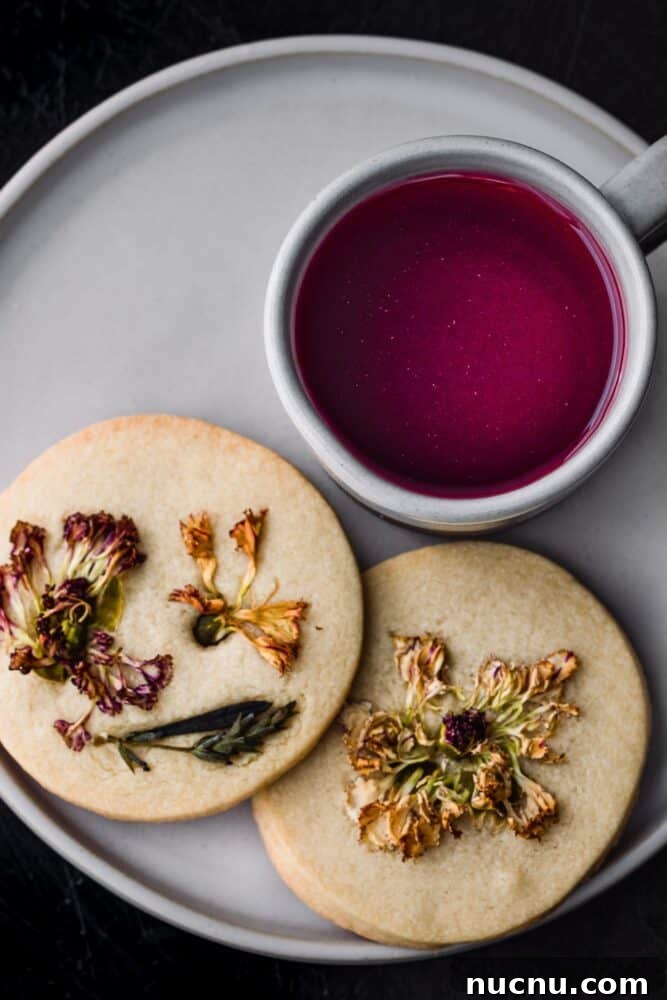 Top San Francisco Coffee Shops for Digital Nomads — 2026 Guide 3 A burgundy tea in a white mug next to two dried edible flower shortbread cookies all on a light plate on a background,