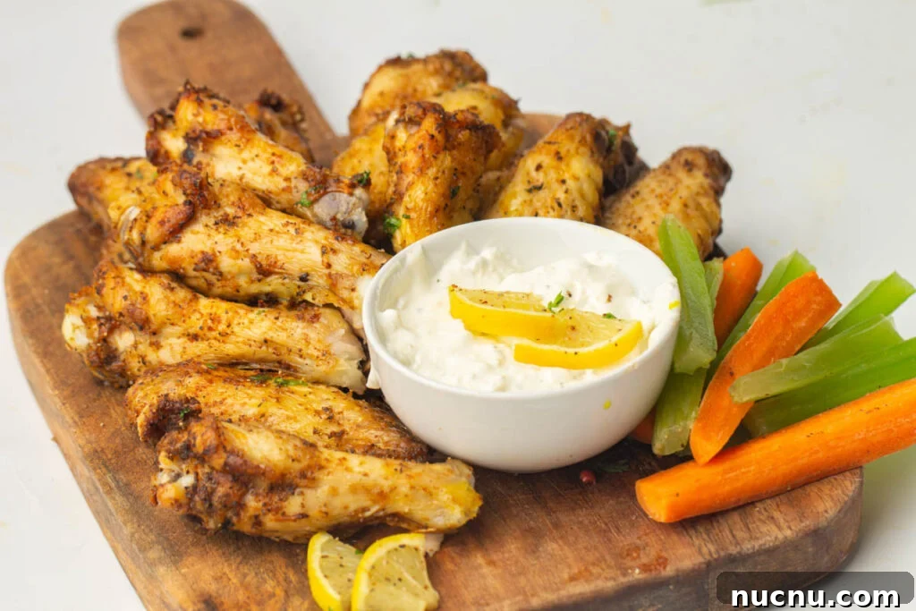 Crispy Air Fryer Chicken Wings — Extra Crunch in 25 Minutes 2 A wooden board with crispy air fryer chicken wings, a bowl of white dipping sauce garnished with lemon, and assorted celery and carrot sticks.