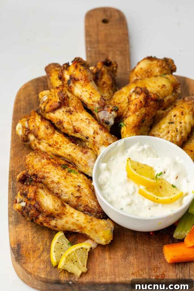 Crispy Air Fryer Chicken Wings — Extra Crunch in 25 Minutes 9 Air fryer chicken wings served on a wooden cutting board with dip.