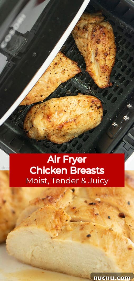 Juicy Air Fryer Chicken Breasts: Quick Crispy Recipe in 20 Minutes 12 Long Pin collage with Air Fryer Chicken Breasts Moist, Tender & Juicy text banner.