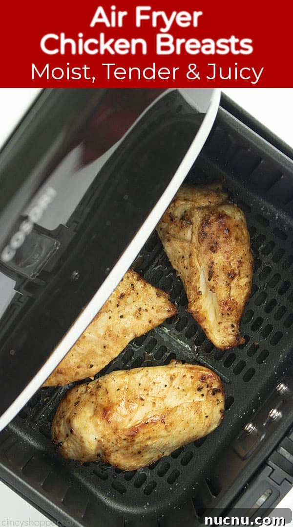 Juicy Air Fryer Chicken Breasts: Quick Crispy Recipe in 20 Minutes 13 Long pin image with Air Fryer Chicken Breasts Moist, Tender & Juicy banner