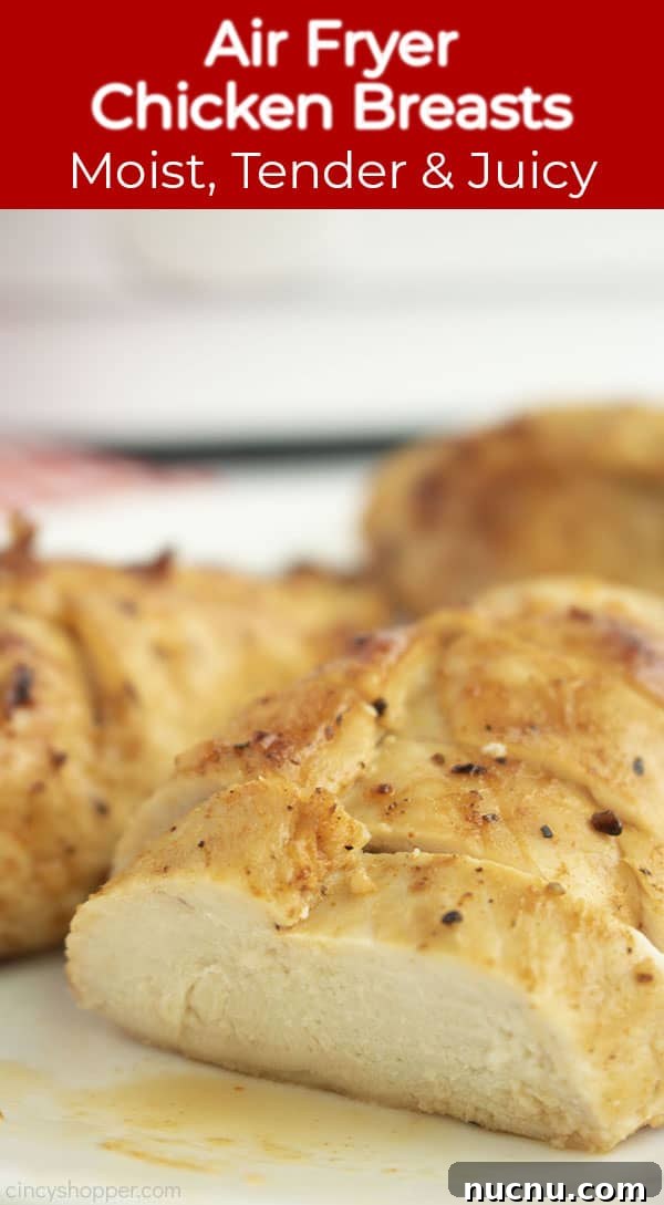 Juicy Air Fryer Chicken Breasts: Quick Crispy Recipe in 20 Minutes 14 Closeup long pin text on image Air Fryer Chicken Breasts Moist, Tender & Juicy on banner