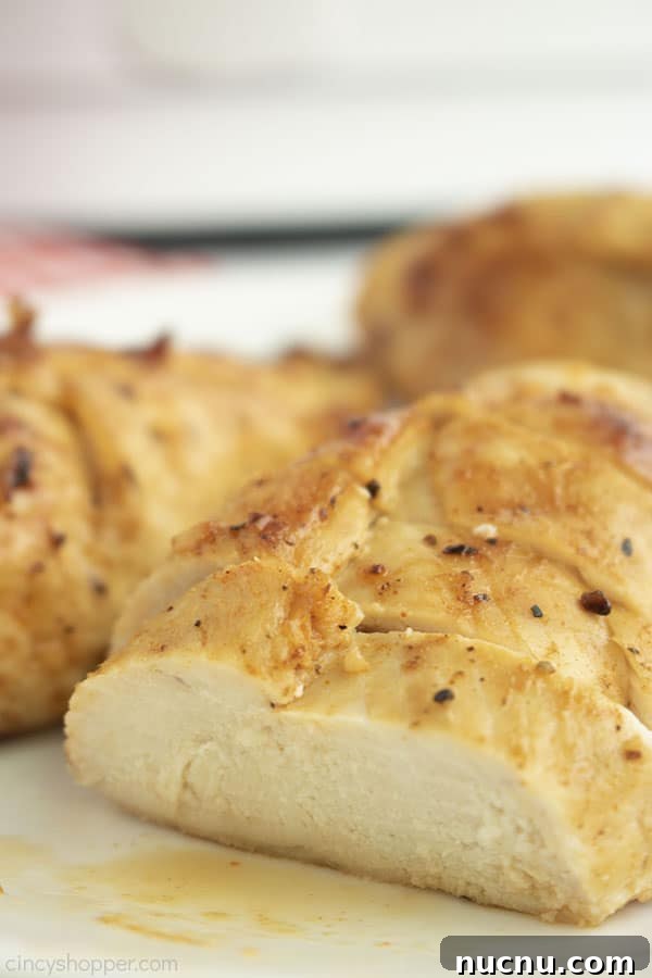 Juicy Air Fryer Chicken Breasts: Quick Crispy Recipe in 20 Minutes 3 Closeup of juicy air fryer chicken breasts with air fryer in background