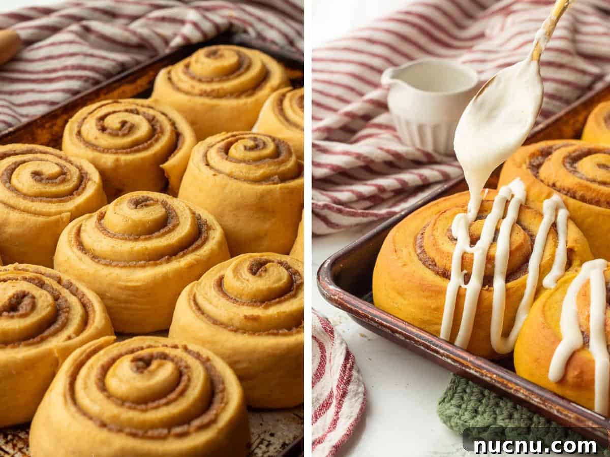 Pumpkin Spice Cinnamon Rolls: Soft, Fluffy Fall Recipe 11 Raw pumpkin cinnamon rolls and baked rolls with icing.