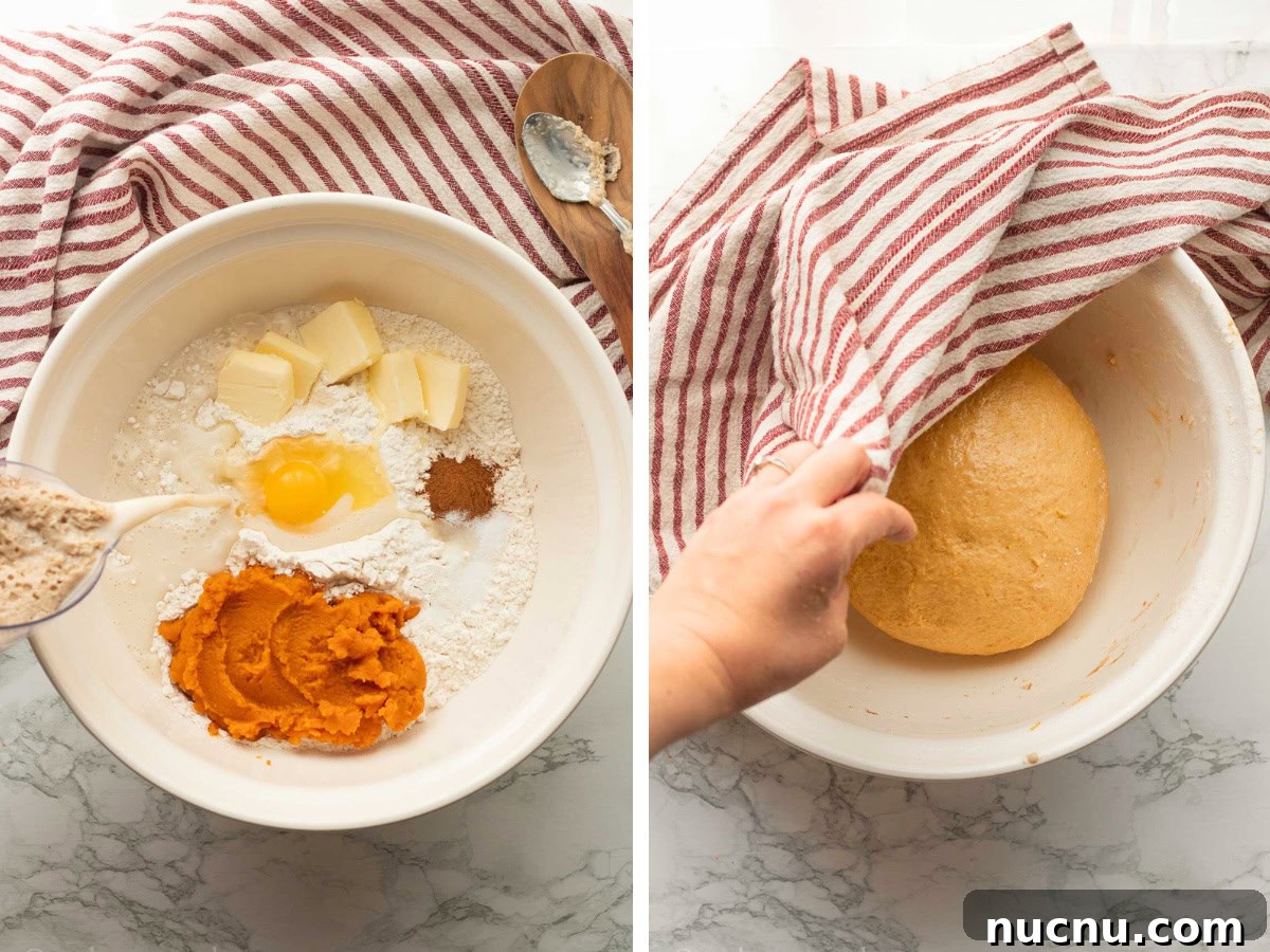 Pumpkin Spice Cinnamon Rolls: Soft, Fluffy Fall Recipe 5 Pouring yeast mixture into white bowl and kneaded pumpkin dough in white bowl.