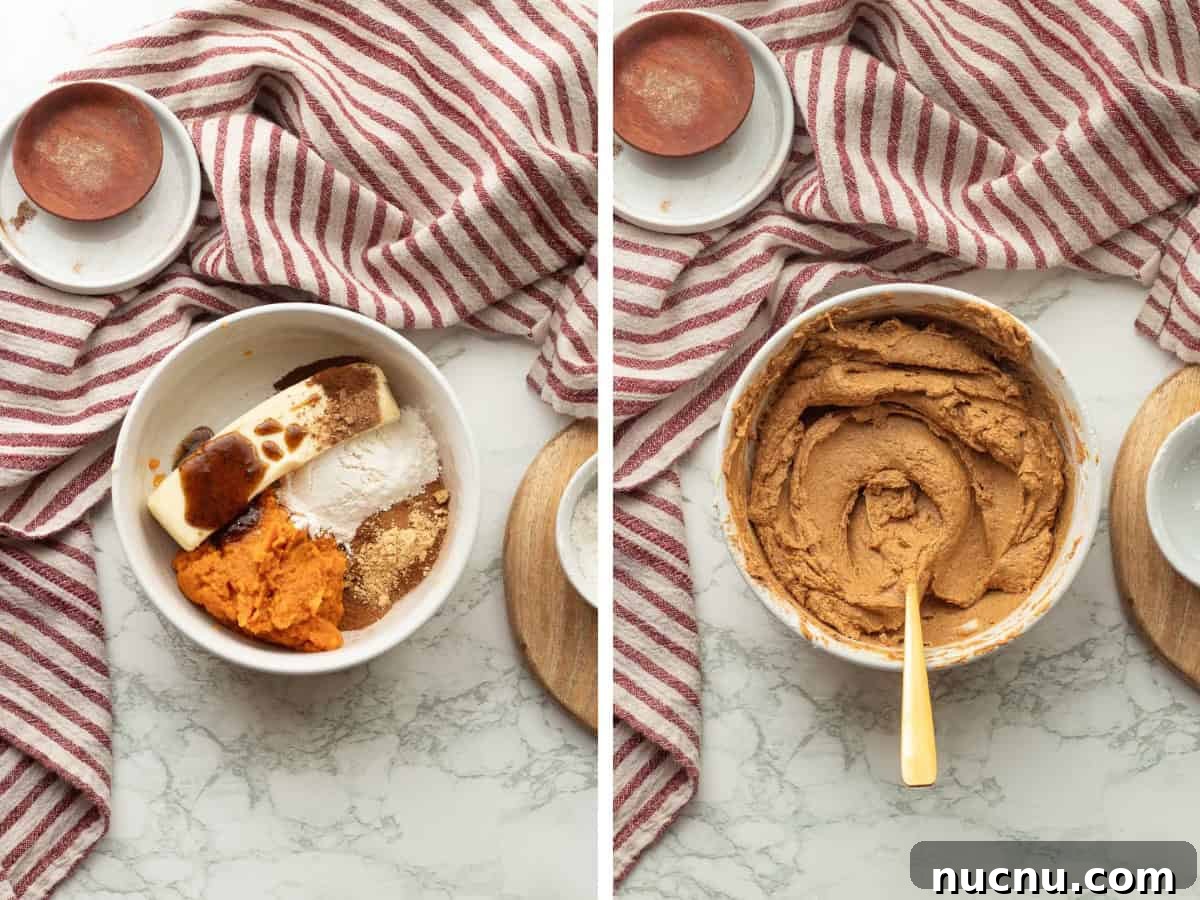 Pumpkin Spice Cinnamon Rolls: Soft, Fluffy Fall Recipe 6 Pumpkin filling ingredients in white bowl and mixed filling with gold spoon.