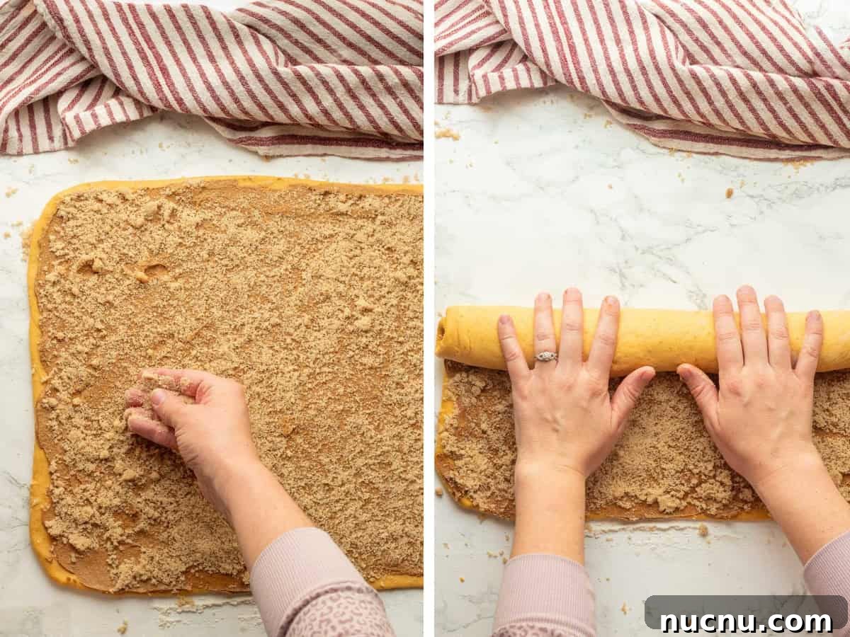 Pumpkin Spice Cinnamon Rolls: Soft, Fluffy Fall Recipe 8 Sprinkling brown sugar over pumpkin dough and rolling up filling inside dough.