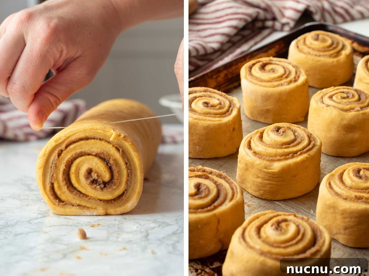Pumpkin Spice Cinnamon Rolls: Soft, Fluffy Fall Recipe 9 Cutting pumpkin cinnamon roll and raw cinnamon rolls on pan.