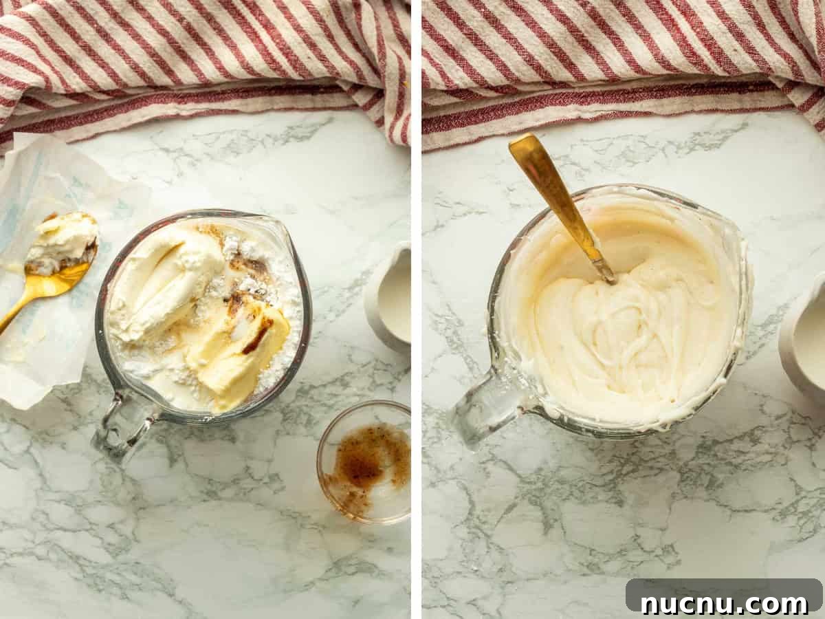 Pumpkin Spice Cinnamon Rolls: Soft, Fluffy Fall Recipe 10 Cream cheese icing ingredients in bowl, and mixed in glass bowl.