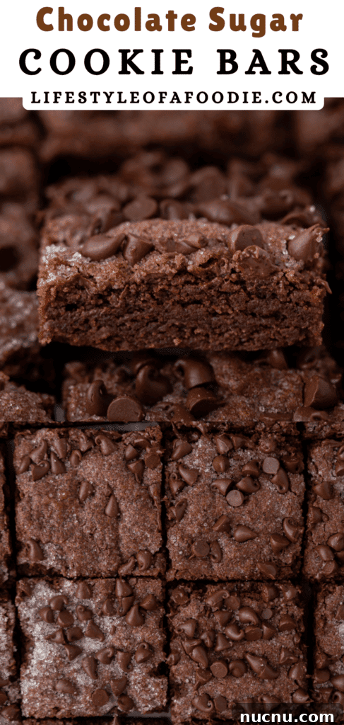 Chewy Chocolate Sugar Cookie Bars Recipe for Chocolate Lovers 16 pinterest pin of the chocolate sugar cookie bars recipe