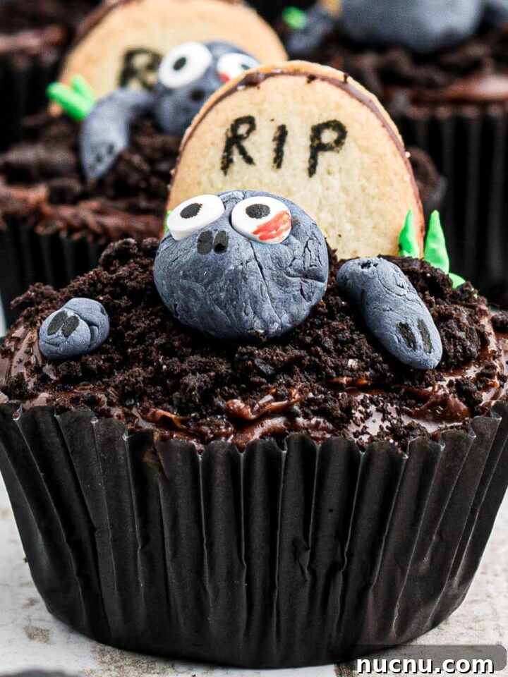 Spider Web Brownies: How to Make Spooky Halloween Brownies Quickly 8 Close up of a zombie cupcake.