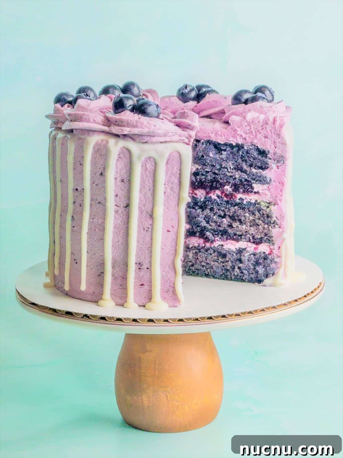 Classic Blueberry Cake Recipe: Moist, Fluffy, and Bursting with Fruit 2 A beautiful blueberry cake on a cake pedestal cut open showing three layers of cake, blueberry filling and blueberry frosting.