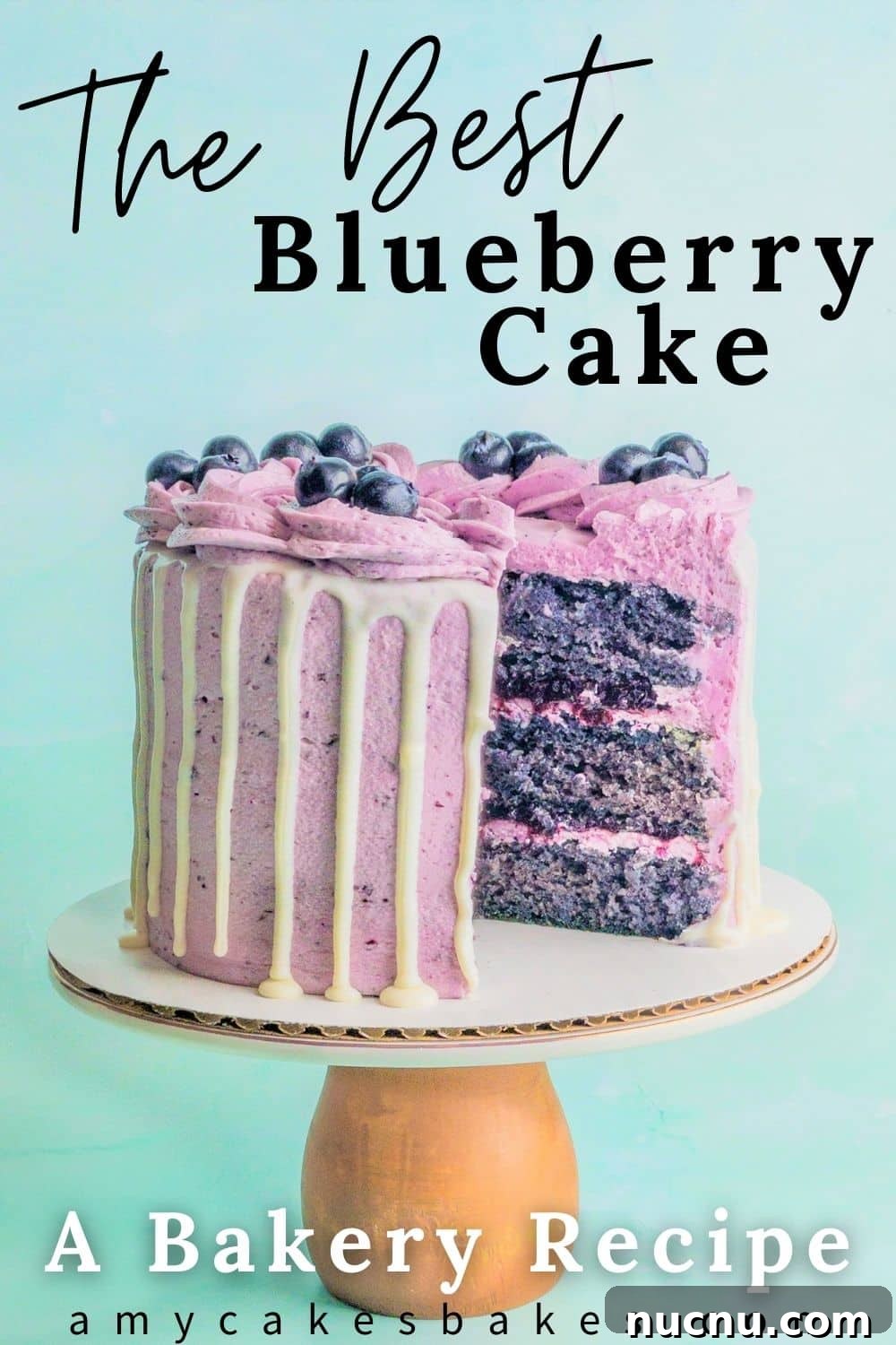 Classic Blueberry Cake Recipe: Moist, Fluffy, and Bursting with Fruit 8 A pinterest pin image featuring a 6" blueberry cake with a slice taken out showing all the cake layers, and the text "the best blueberry cake" and "a bakery recipe" and "amycakesbakes.com"