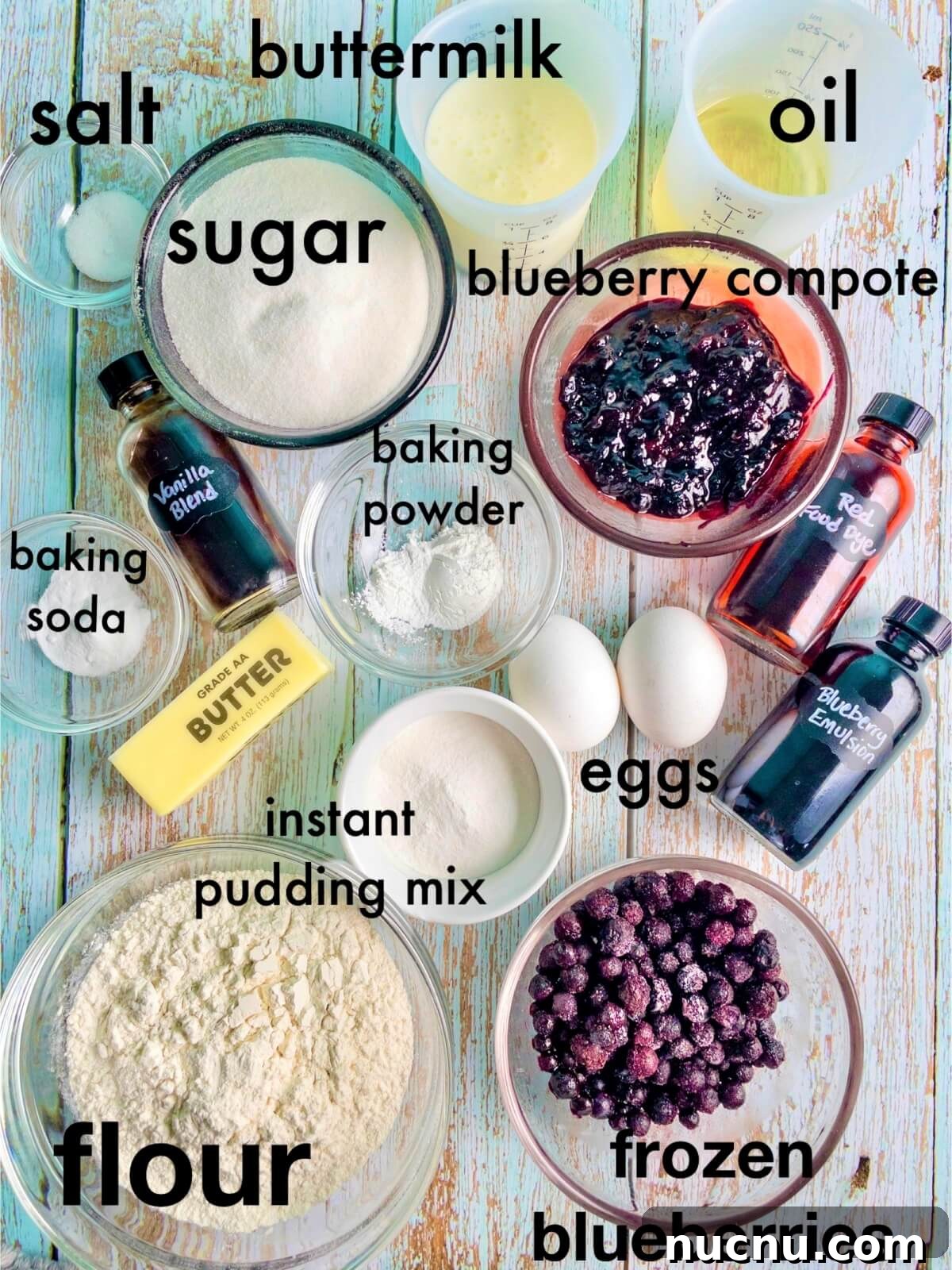Classic Blueberry Cake Recipe: Moist, Fluffy, and Bursting with Fruit 3 An overhead shot of all the ingredients listed in the blueberry cake recipe card.
