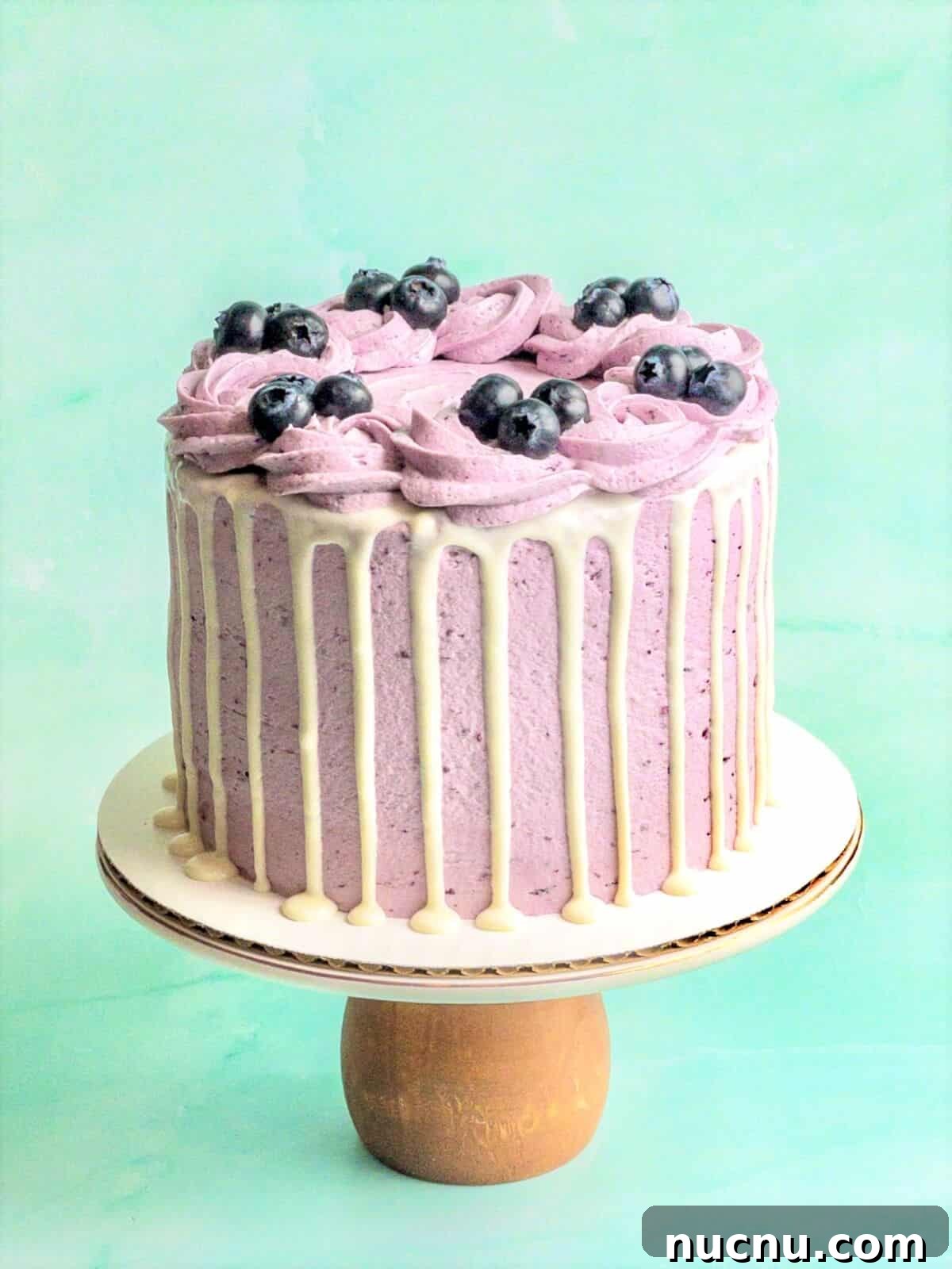 Classic Blueberry Cake Recipe: Moist, Fluffy, and Bursting with Fruit 4 A blueberry cake on a cake stand with white chocolate ganache drizzle and fresh blueberries decorating it.