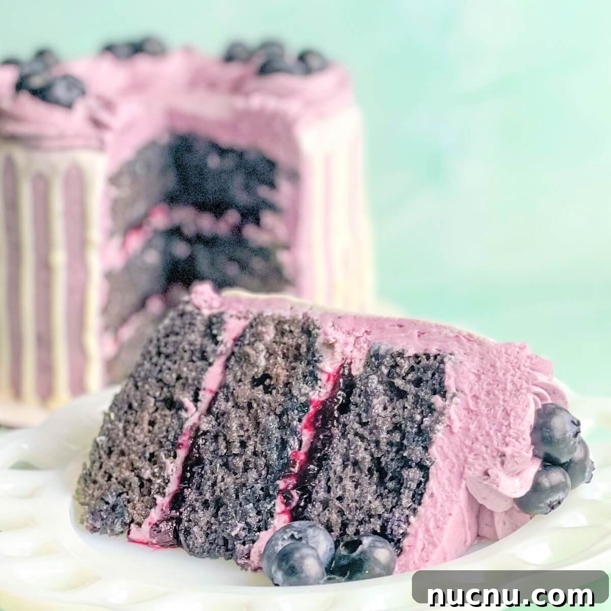 Classic Blueberry Cake Recipe: Moist, Fluffy, and Bursting with Fruit 7 A slice of fresh blueberry cake with blueberry cake filling and blueberry buttercream.