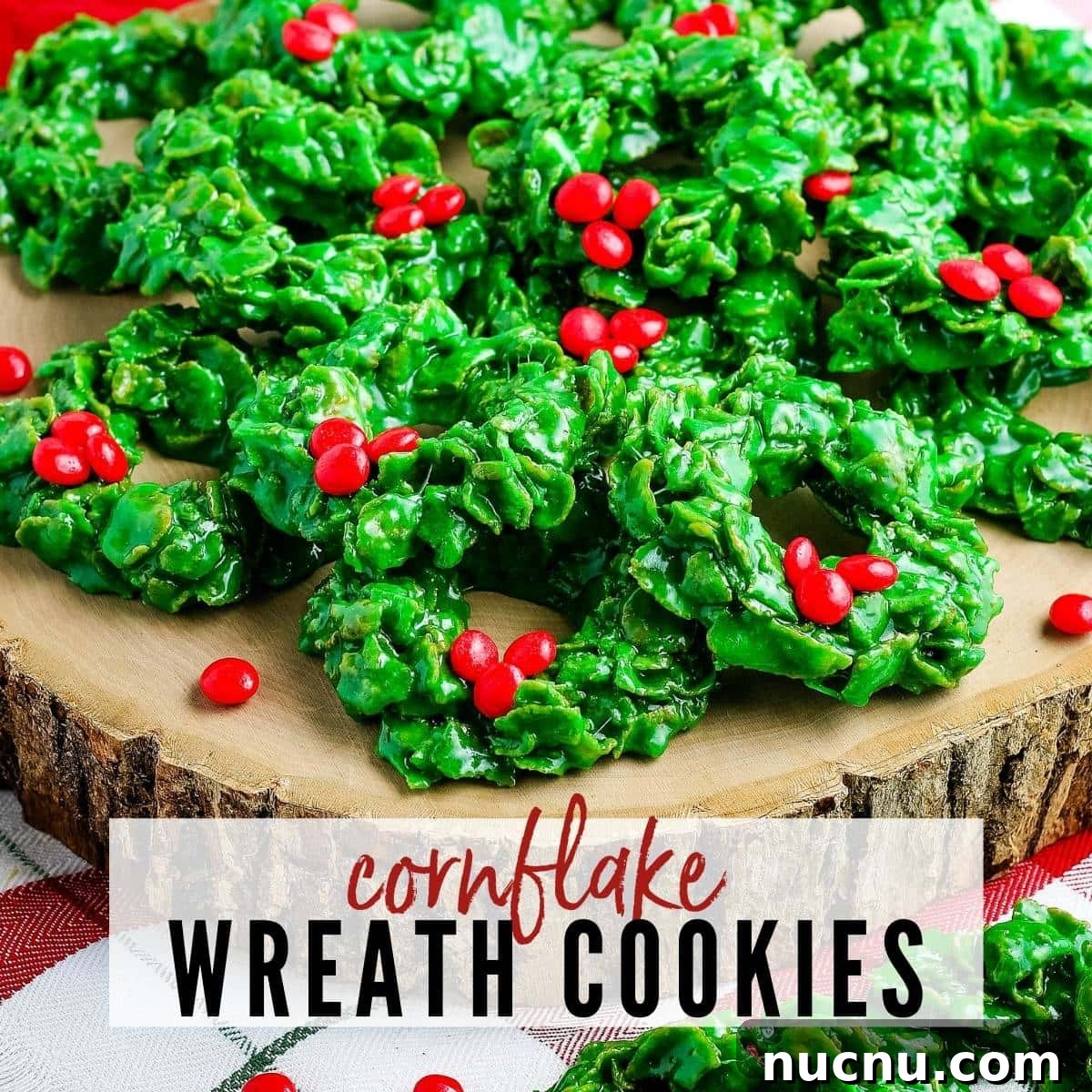 No-Bake Cornflake Christmas Wreath Treats 2 close up of christmas cookie wreaths made out of cornflakes with text overlay