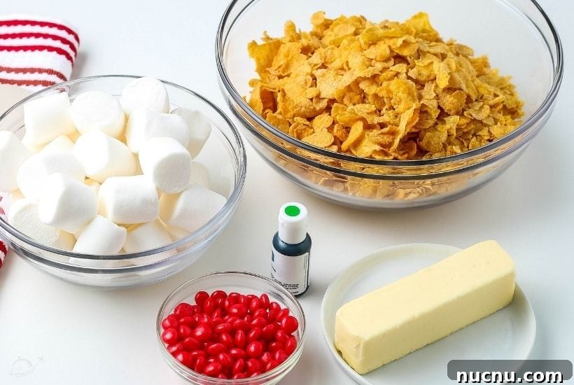 No-Bake Cornflake Christmas Wreath Treats 3 ingredients for cornflake wreaths in glass bowls on white counter