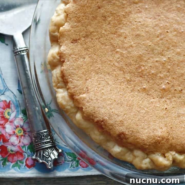 A photo from above of Old Fashioned Chess Pie with about ⅔ showing and the handle of the serving piece