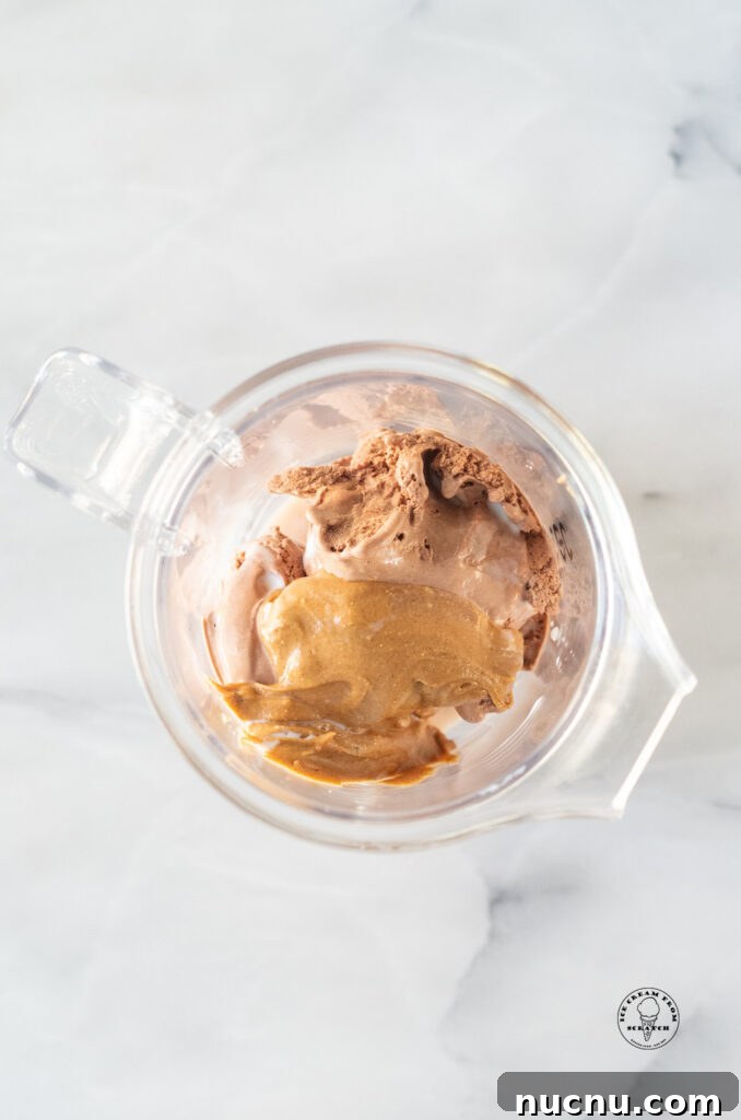 Decadent Chocolate Peanut Butter Milkshake Recipe 4 peanut butter and chocolate ice cream in a blender jar