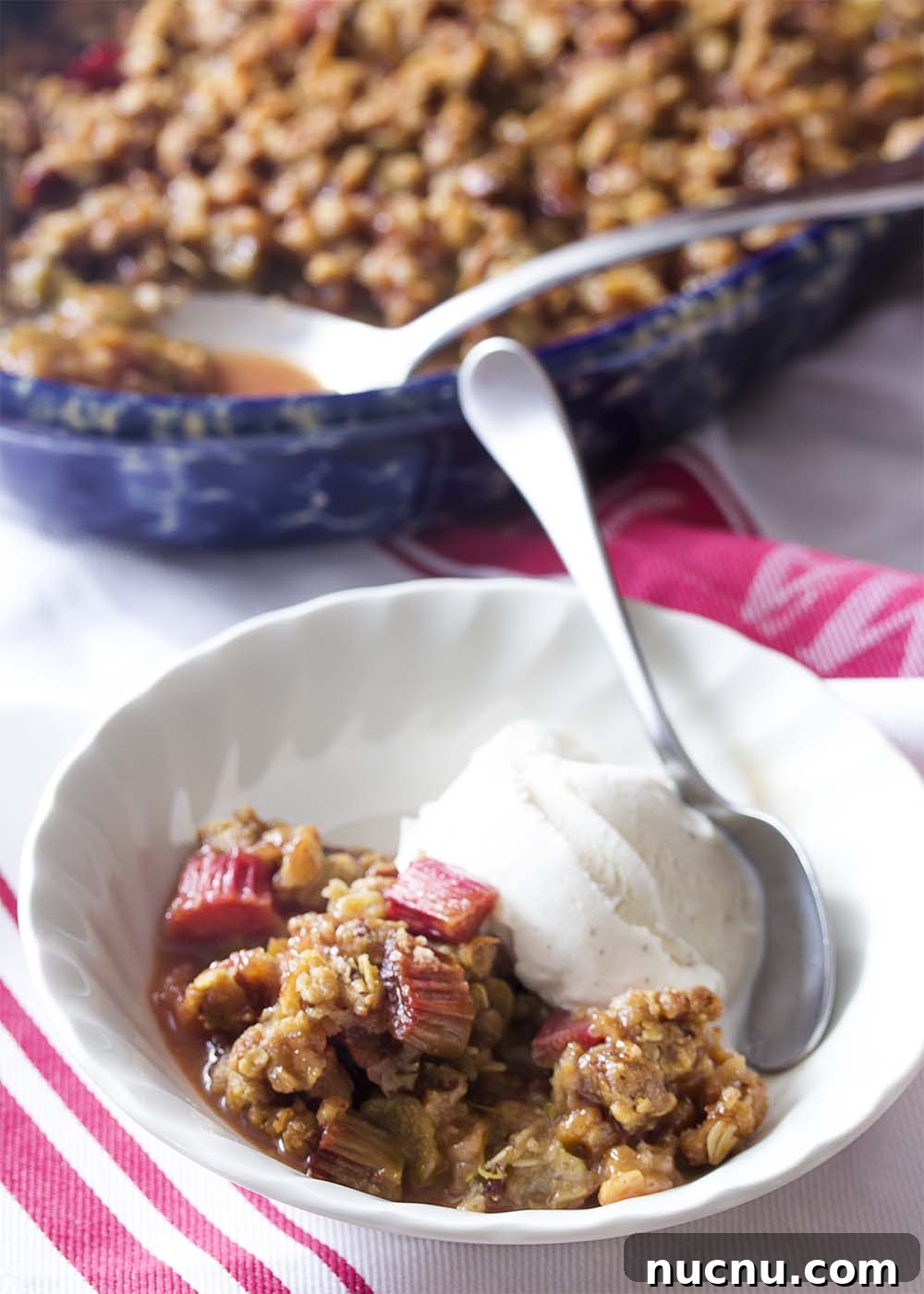 A white bowl with a scoop of vanilla ice cream, some rhubarb crisp, and a spoon.