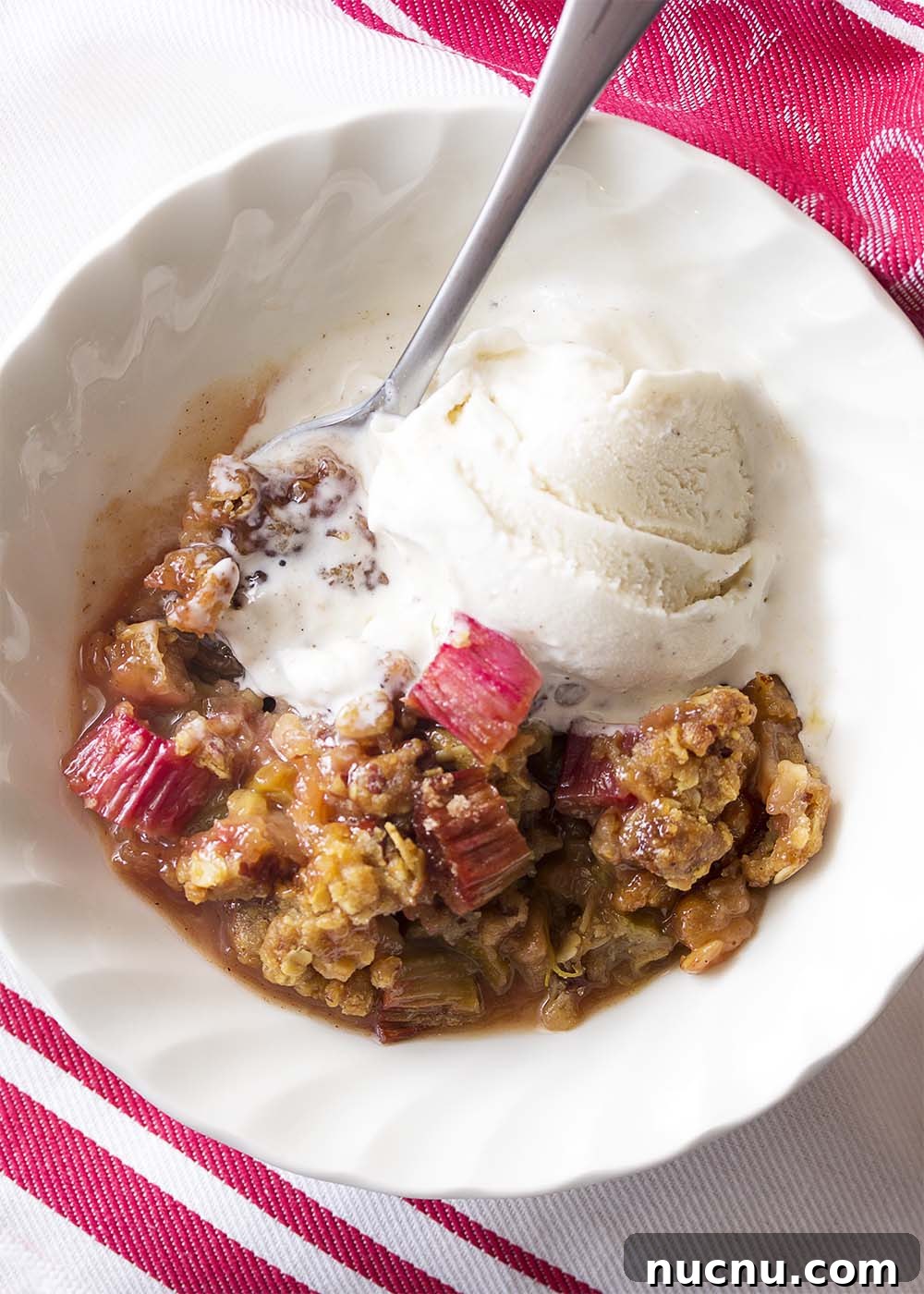 Close up of a bowl of rhubarb crisp mixed with melting vanilla ice cream.