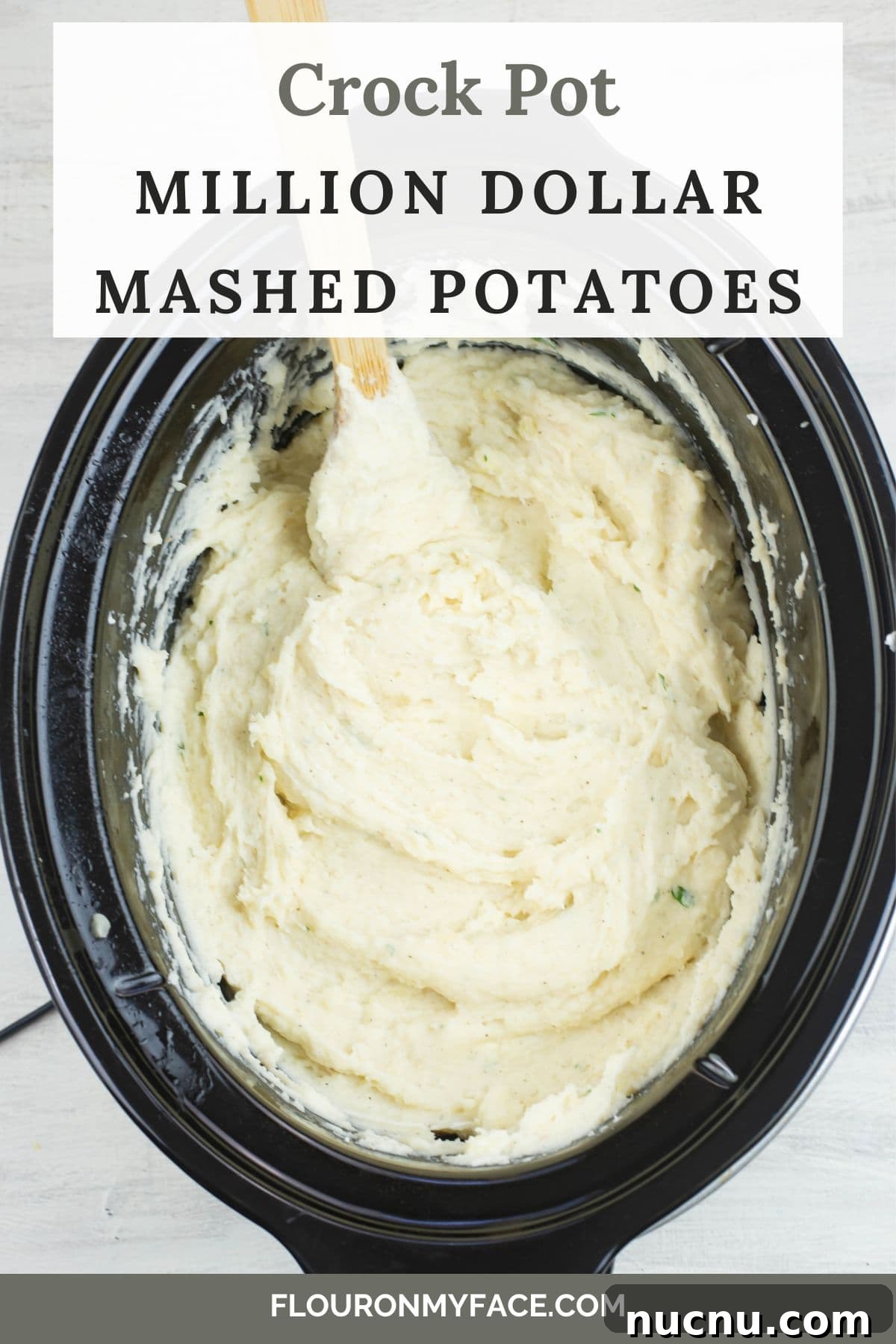Million-Dollar Slow Cooker Mashed Potatoes Recipe 2 Long vertical image of mashed potatoes in the crock pot.