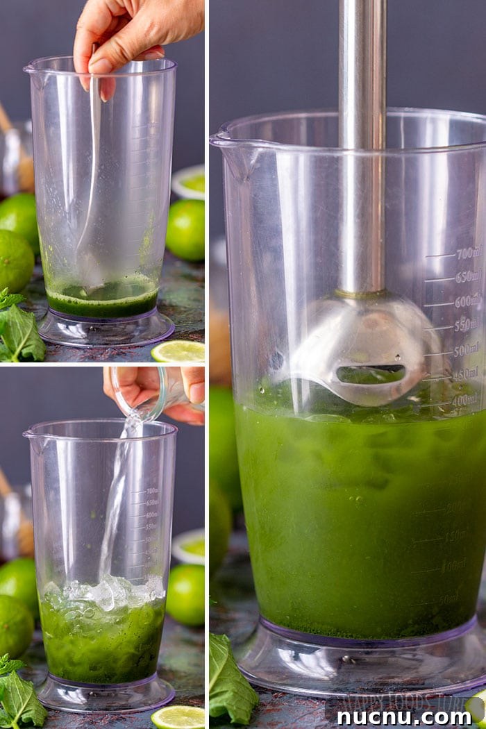Chilled Matcha Iced Tea Recipe for Refreshing Green Tea Drinks 4 Step-by-step making iced matcha tea with blender and water.