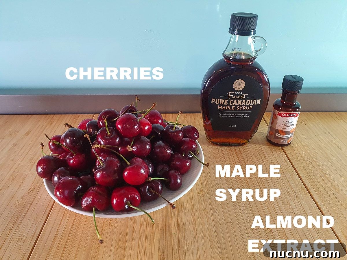 Homemade Cherry Compote Recipe for Desserts and Breakfast 4 Ingredients: fresh cherries, maple syrup, almond extract, tapioca starch (not pictured).