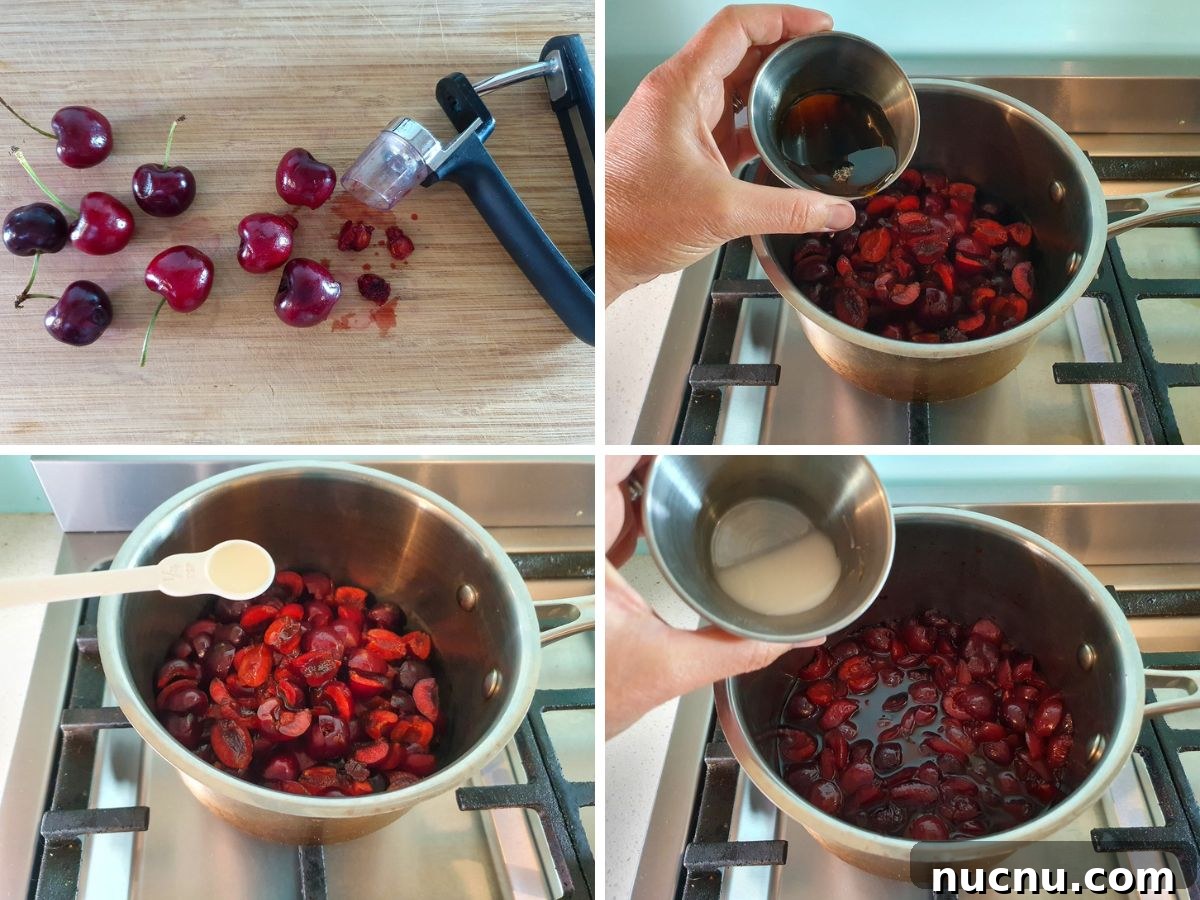 Homemade Cherry Compote Recipe for Desserts and Breakfast 5 Process shots: pitting can cutting up cherries, adding maple syrup to cherries in pot, adding almond extract, adding tapioca starch and water slurry.