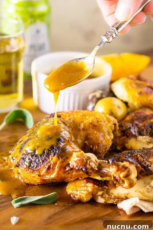 Spatchcock Chicken Roasted with Apple Cider Glaze 2 Roasted apple cider spatchcock chicken on a brown table, spoonful of savory sauce dripping onto chicken.