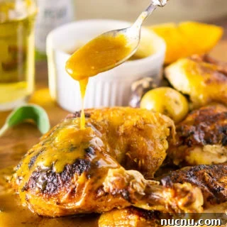 Spatchcock Chicken Roasted with Apple Cider Glaze 7 Roasted apple cider spatchcock chicken on a brown table, spoonful of savory sauce dripping onto chicken.