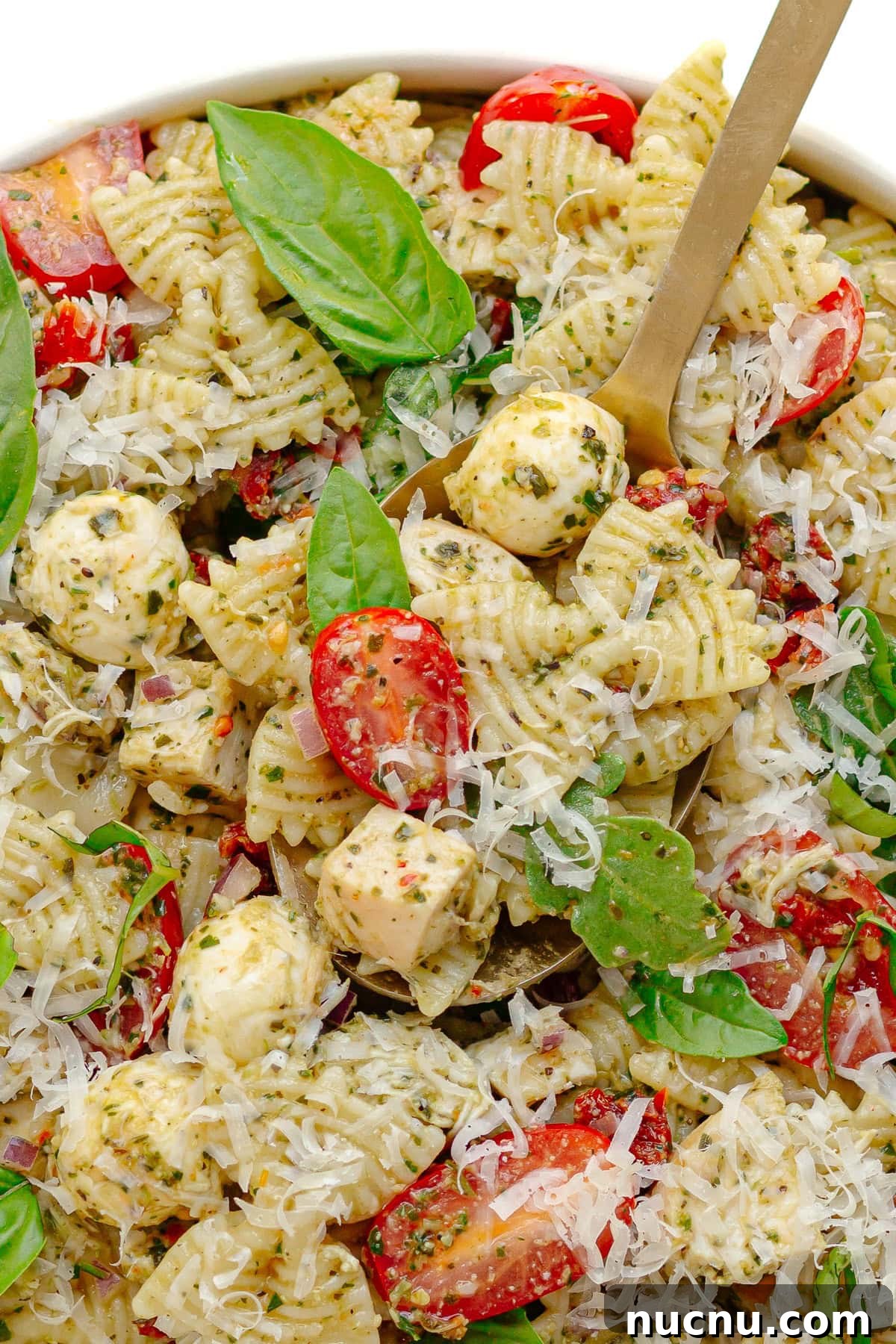 Creamy Chicken Pesto Pasta Salad with Sun-Dried Tomatoes 3 Closeup of serving spoon scooping up some pesto pasta salad with chicken.