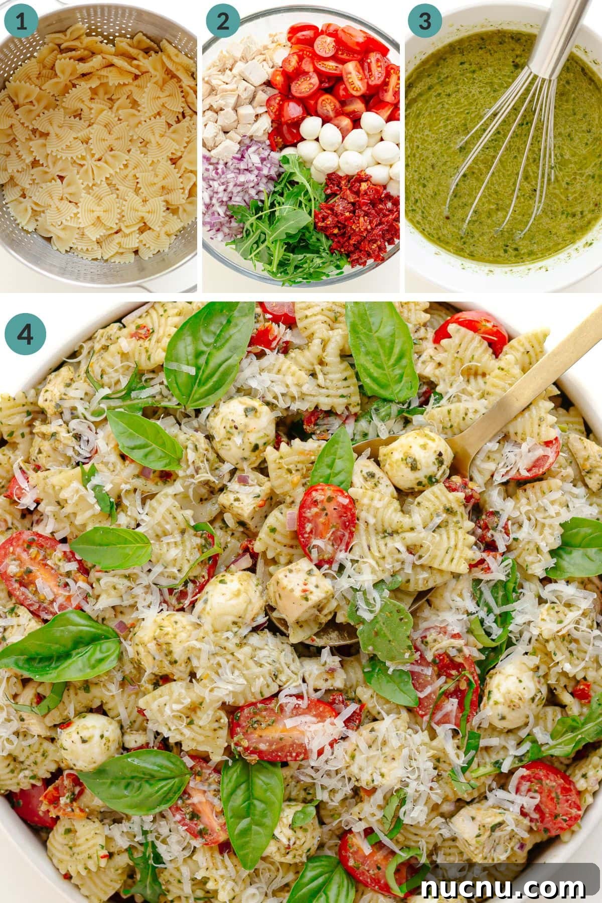 Creamy Chicken Pesto Pasta Salad with Sun-Dried Tomatoes 5 Numbered photo collage showing how to make pesto chicken pasta salad.
