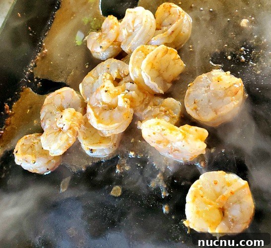 Blackstone Griddle Shrimp Fajitas Recipe — Juicy Sizzling Skillet Meal 5 Shrimp for blackstone shrimp fajitas cooking on blackstone